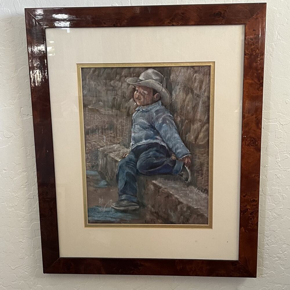 Framed Pastel Drawing Of a Little Boy a Cowboy Hat Sitting on a Stone Wall